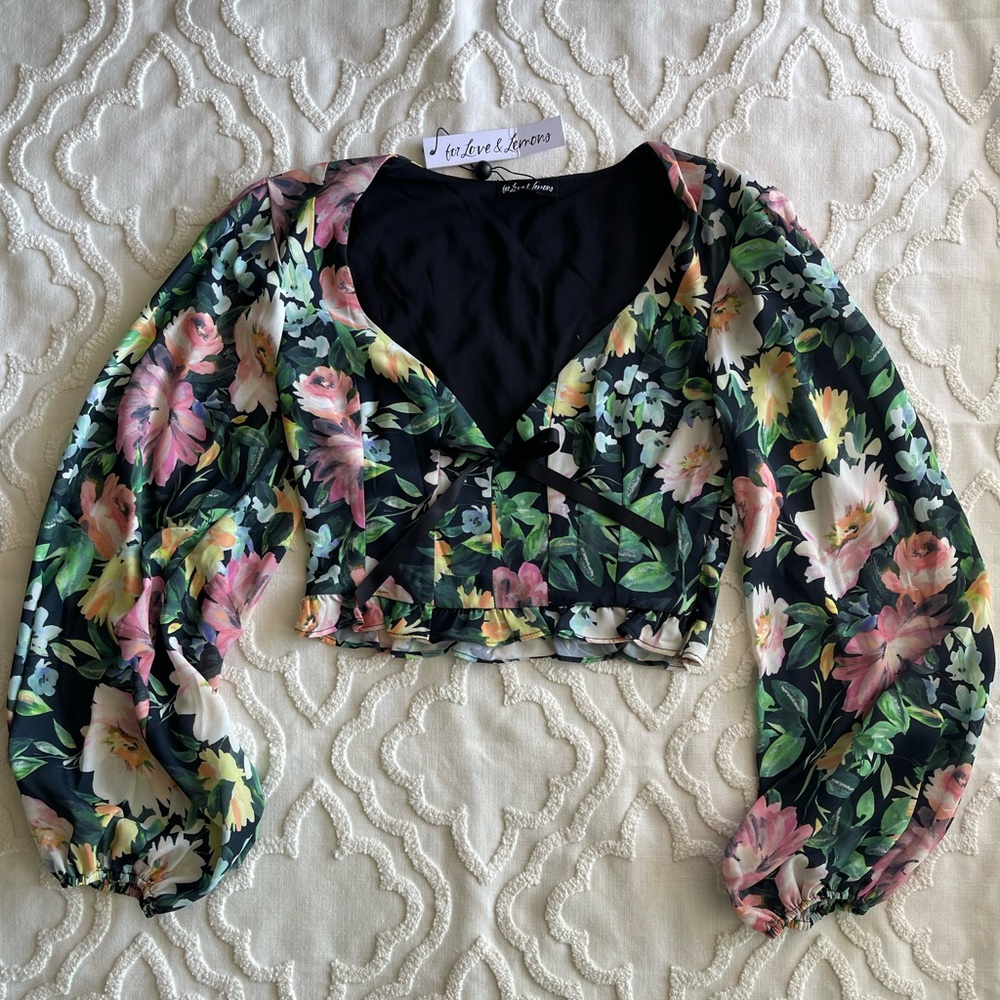 For Love & Lemons V Neck Floral Crop Top Size XS